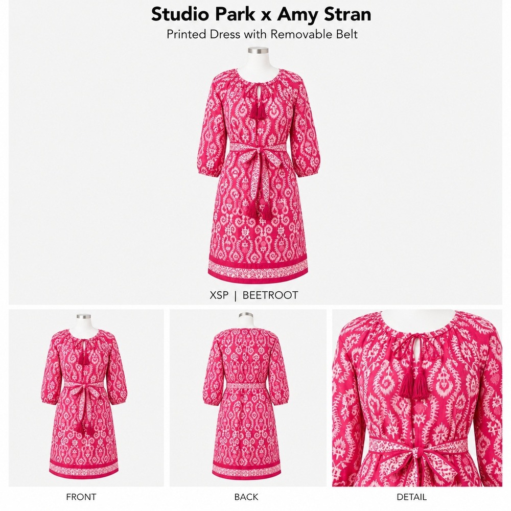 Studio Park x Amy Stran Printed Dress Beetroot Pink XSP Petite‎ Cotton Tassels